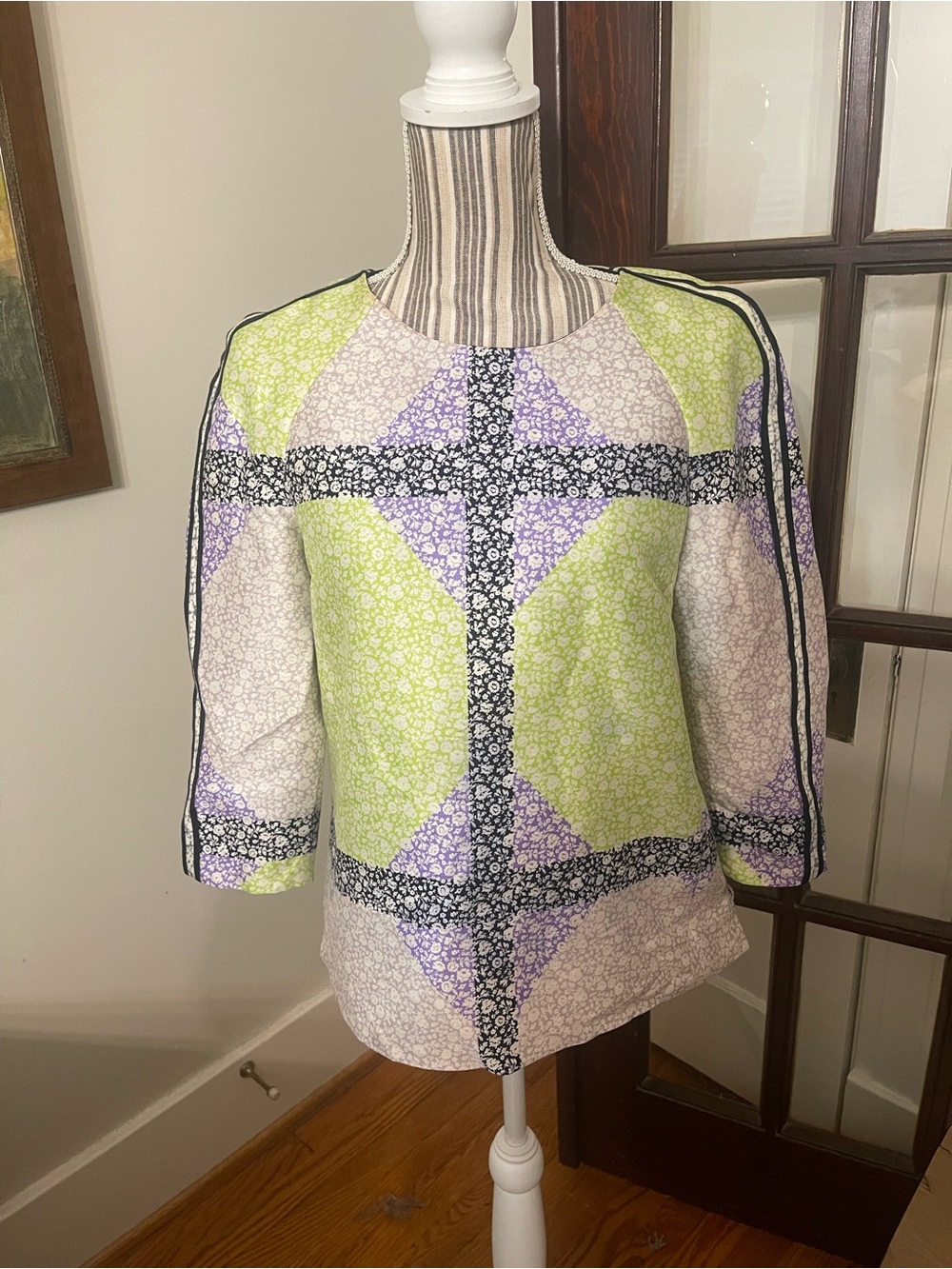 J. Crew Floral Patchwork Crewneck Top in Lime Green, Lavender & Black